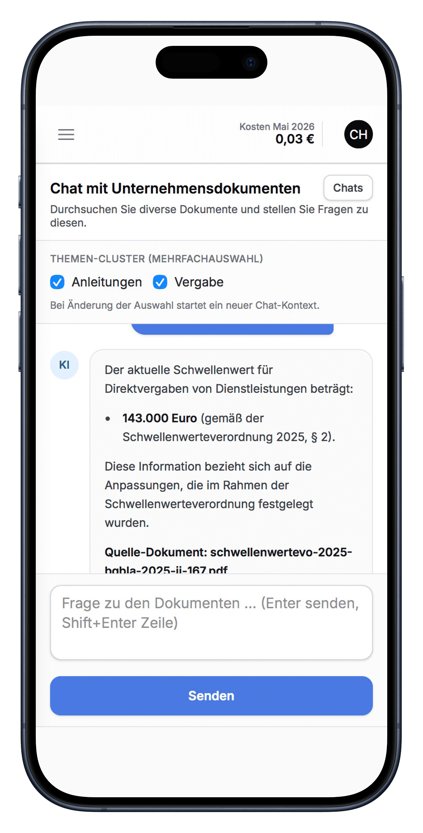 Screenshot: Chat mit Unternehmensdokumenten im HCM AI Hub — Smartphone-Ansicht